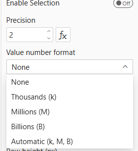 Value number format options — None, Thousands (k), Millions (M), Billions (B), Automatic